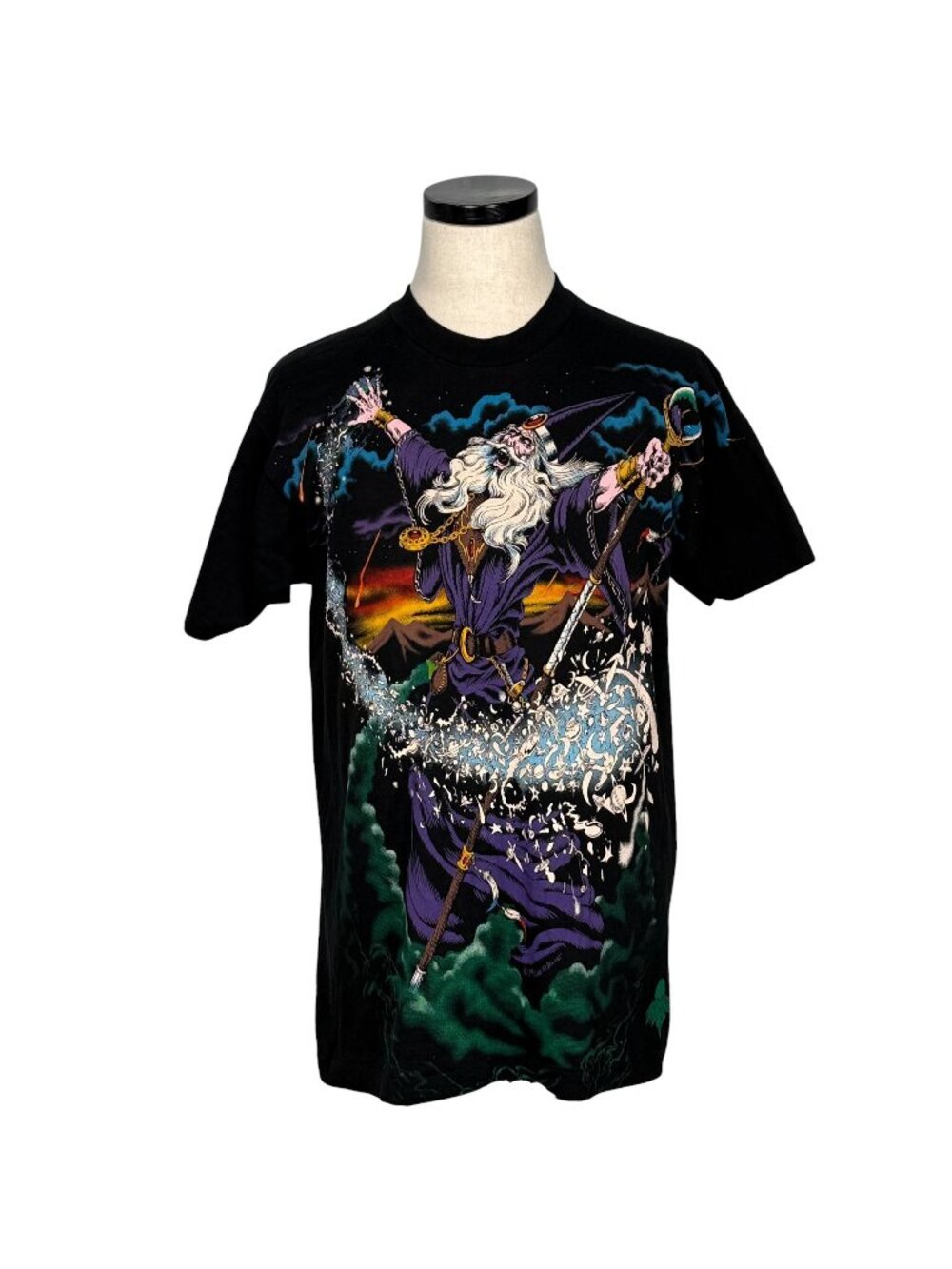 Liquid Blue Wizard Graphic T-Shirt Large Black 90s All Over Print New With Tags